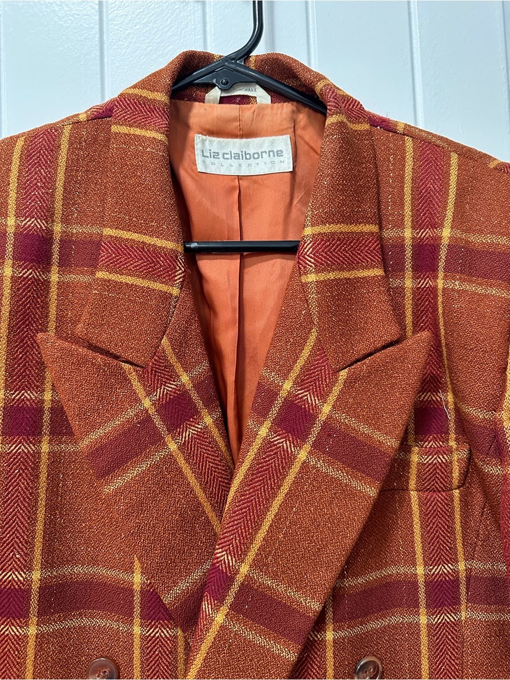 Liz Claiborne Vintage Wool & Silk Blend Burnt Orange and Mustard Plaid Blazer - Picture 2 of 8